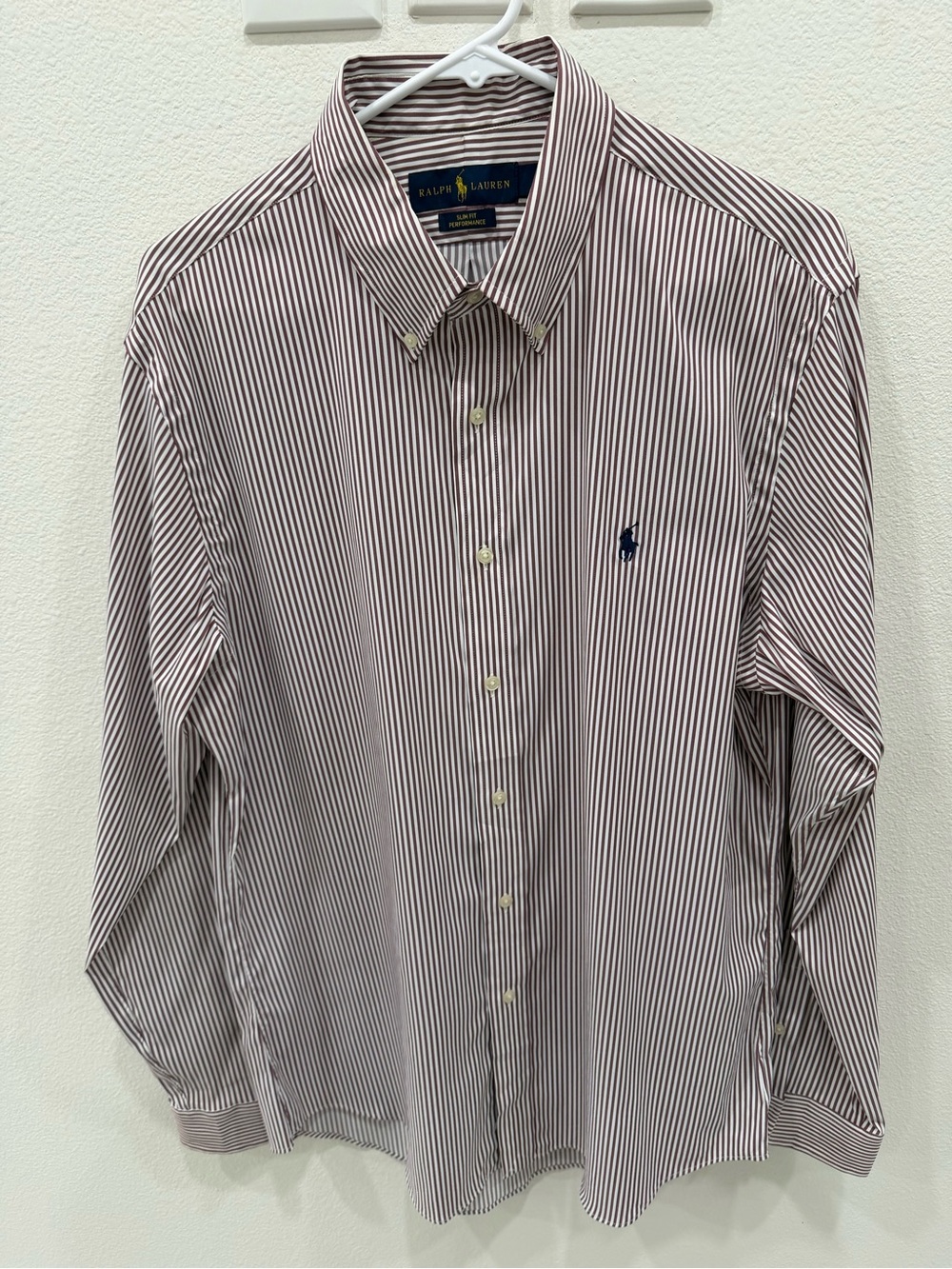 Ralph Lauren Men’s Striped Button-Down Shirt in Burgundy and White
